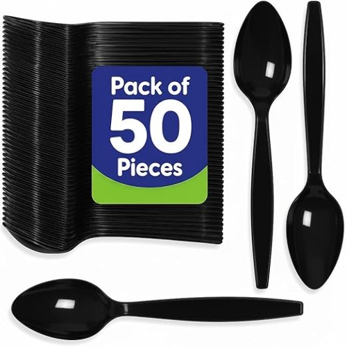 50 Plastic Spoons – Heavy Duty Disposable Cutlery Black